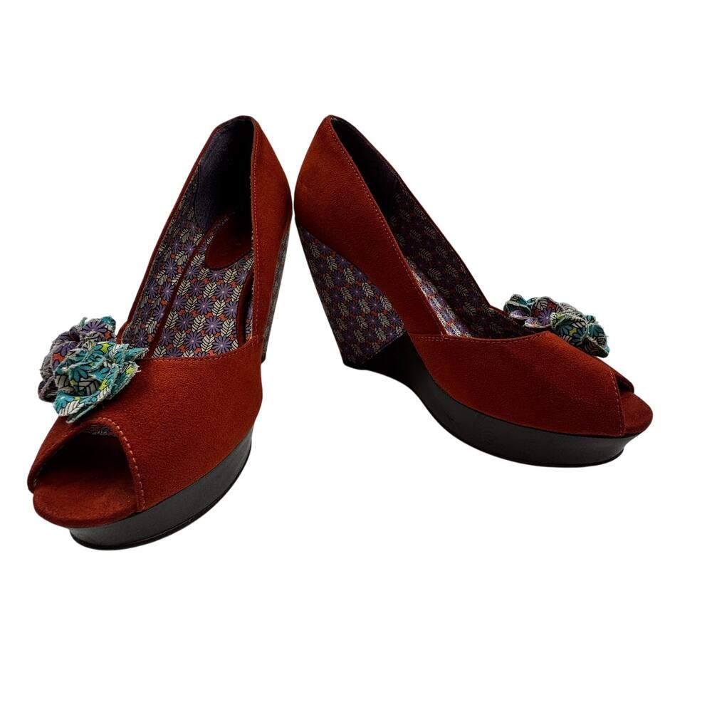 Ruby Shoo Orange Purple Floral 3D Flower Corsage Wedge Peep Top Pumps Women's 9